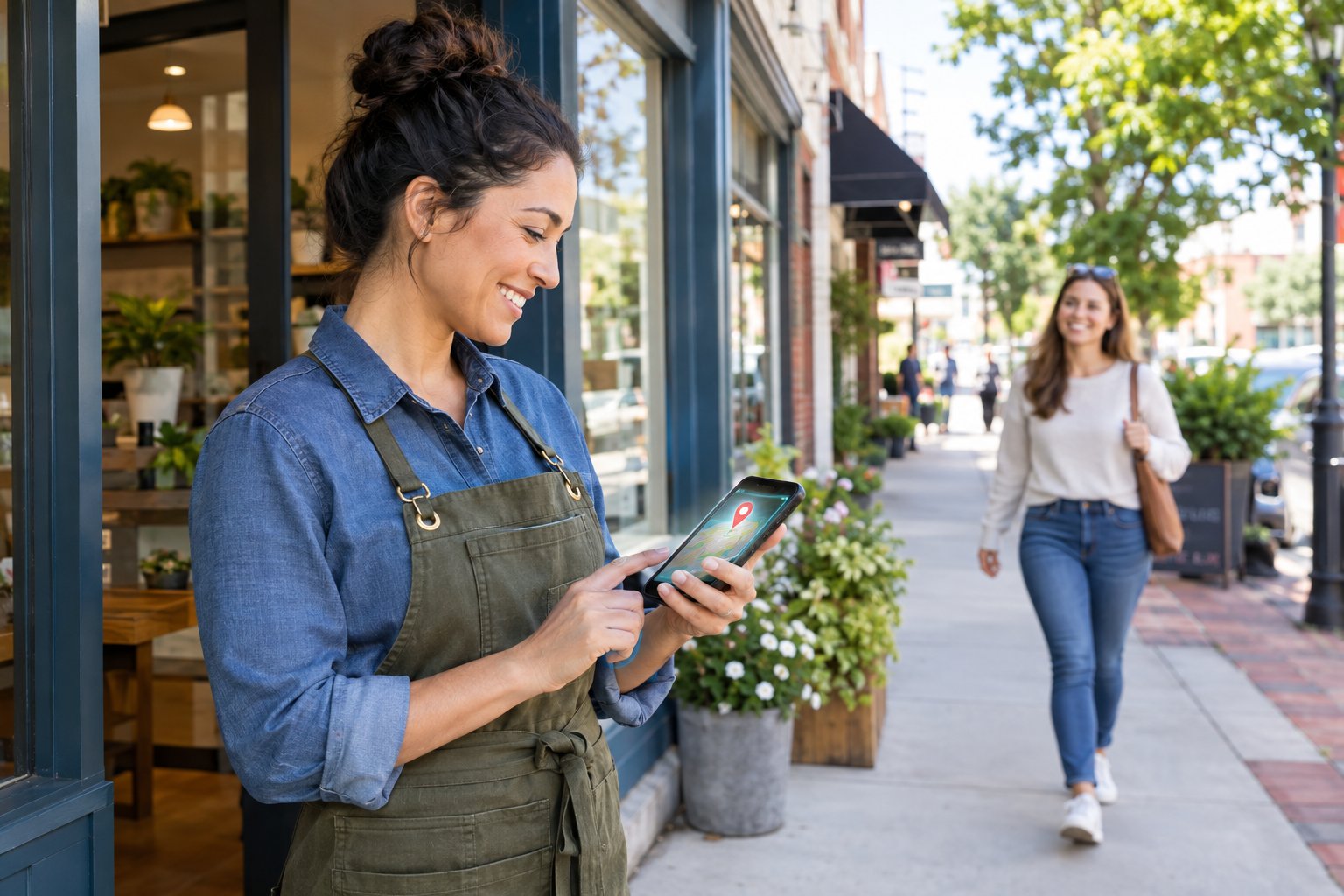 A small-business owner checks a smartphone outside a neighborhood storefront as a customer approaches.